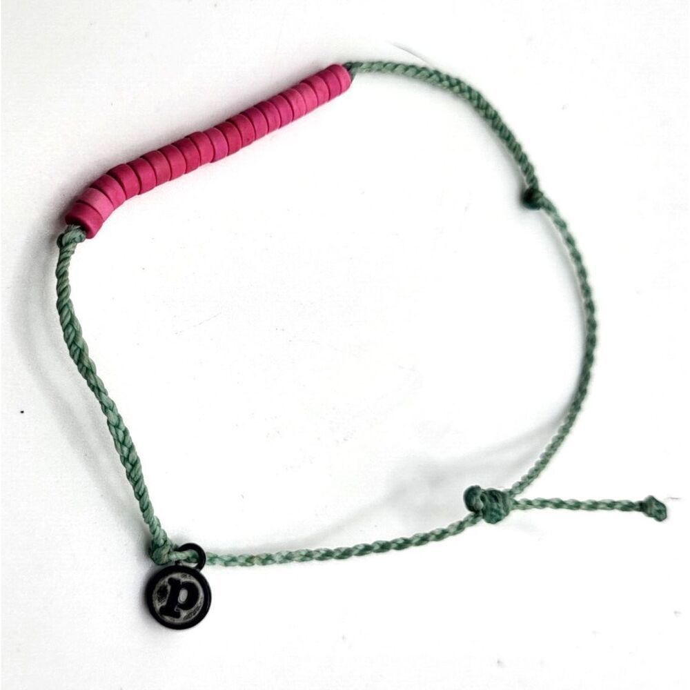Puro Vida Green Cord and Hot Pink Heishi Beaded Bracelet Slide Knot 5in to 10in